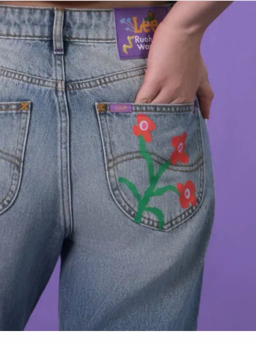 Light Blue Boyfriend Jeans with Red Floral Pocket Embroidery